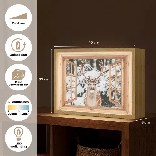 Doorkijk - Hert - Sneeuw - Winter - Bos - Dieren Light Box met batterij (Wandlamp) middel -USP_websiteoverzichtNL