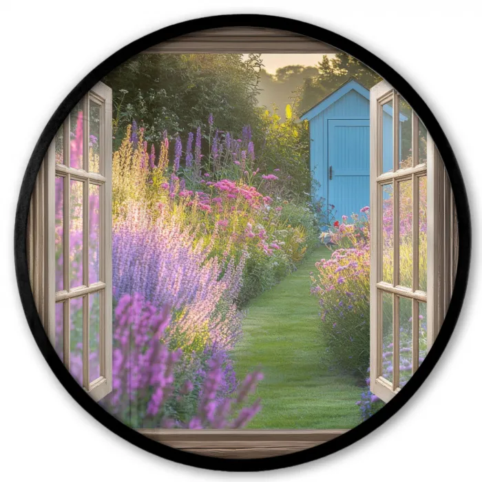 Doorkijk - Bloemen - Raam - Natuur Fotolijst rond zonder passe partout klein -3d
