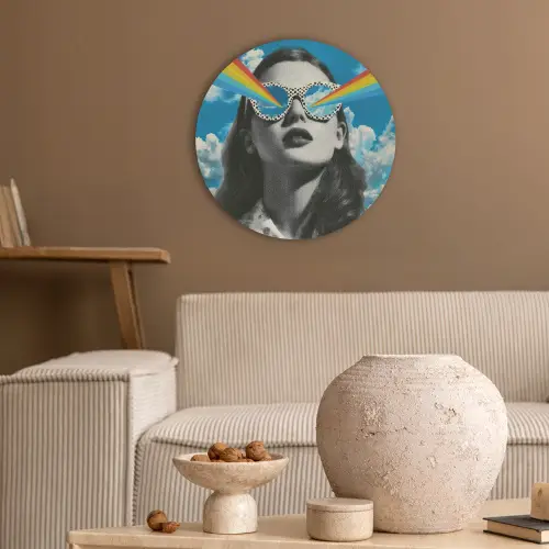 Vrouw - Bril - Regenboog - Wolken Akoestische PET Vilt - Rond klein -sfeer1