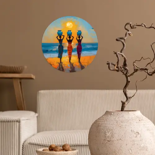 Vrouwen - Strand - Zondsondergang Wandcirkel behangsticker klein -sfeer1