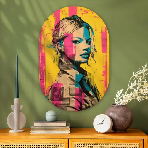 Vrouw - Verfstrepen - Gekleurd Wandcirkel Ovaal Glas middel -sfeer2