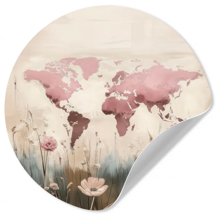 Wereldkaart - Roze - Bloemen Wandcirkel behangsticker klein -3d