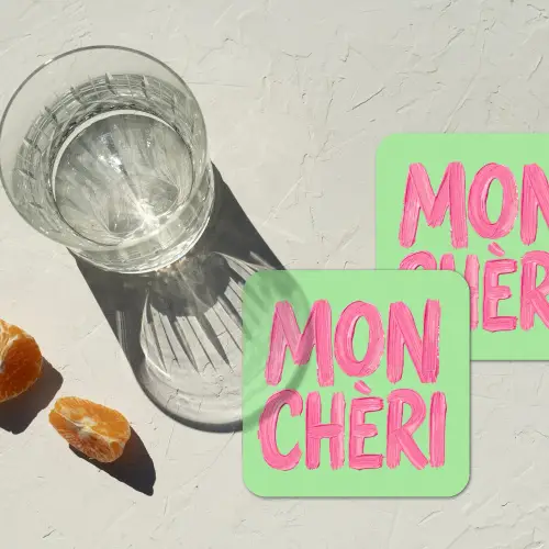 Mon cheri - Groen - Roze onderzetter kurk middel -sfeer4