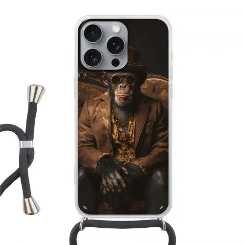 Chimpansee - Stoel - Pak - Bruin Hoesje iPhone 16 Pro Max met koord klein -3d
