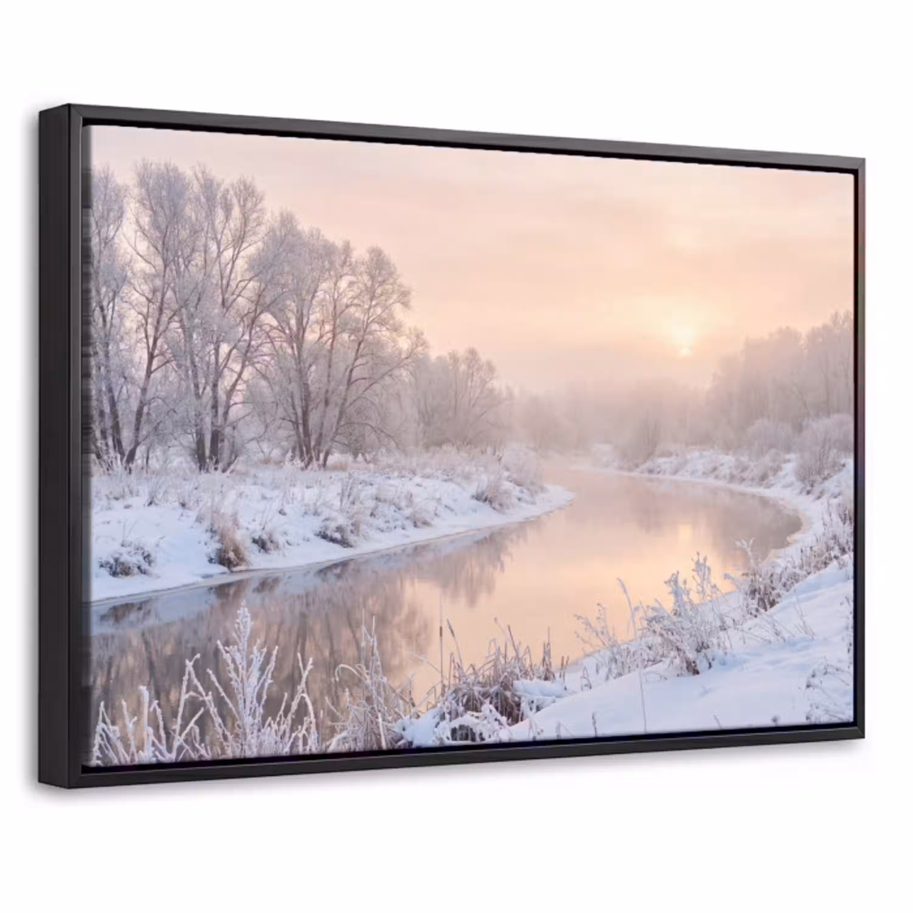 Rivier - Winter - Landschap - Sneeuw - Zonsopgang Canvas met baklijst klein -threedimensional_3d_global