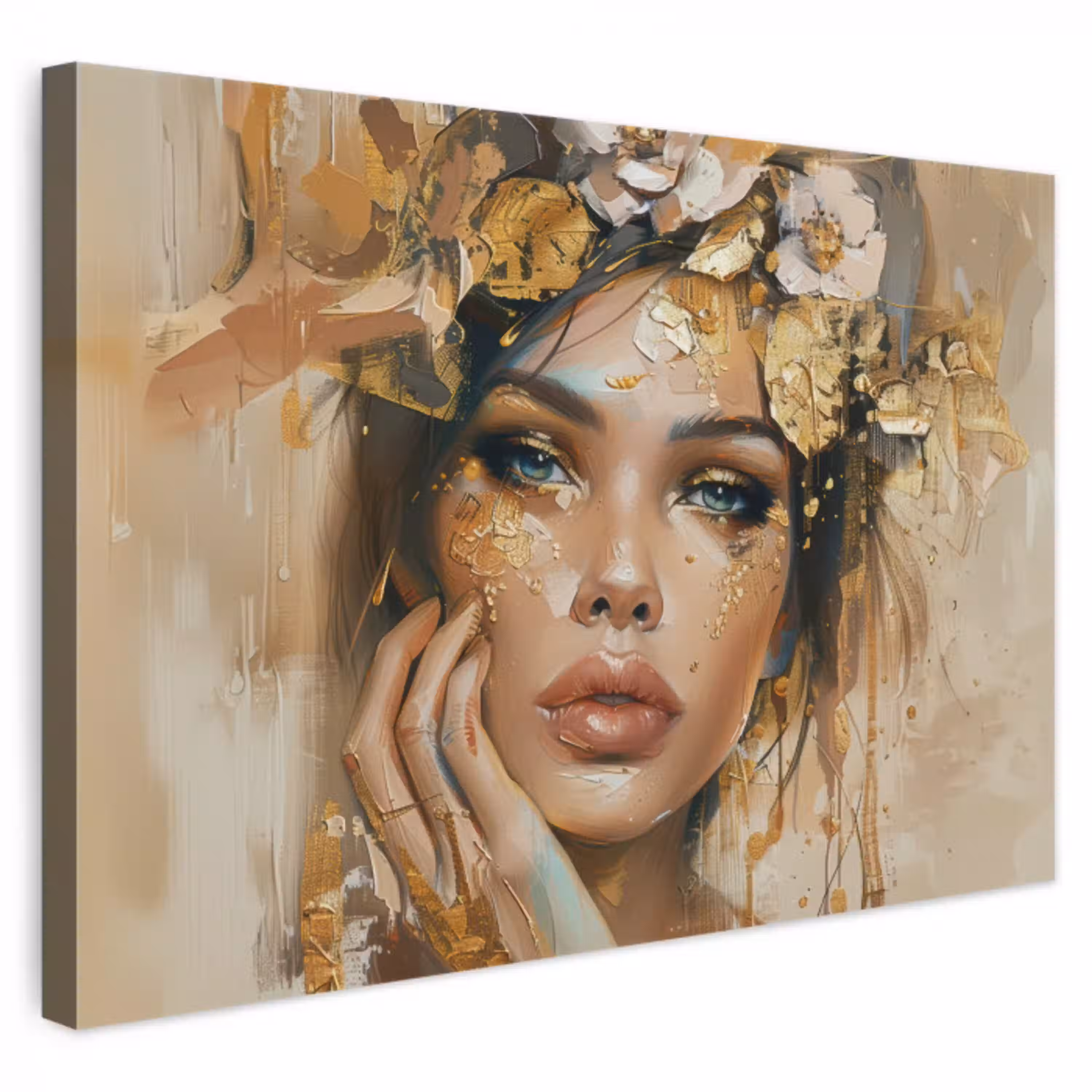 Vrouw - Bloemen  - Goud - Portret canvas 2cm klein -3d
