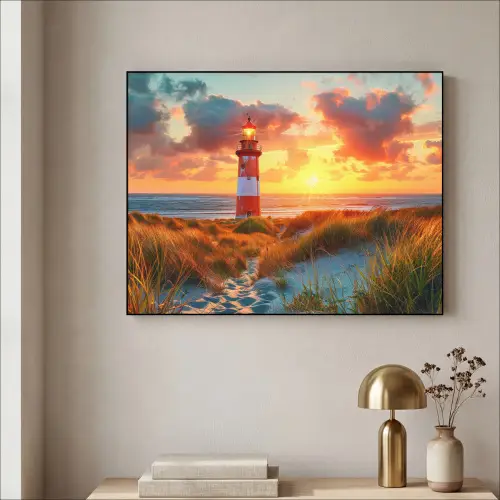 Vuurtoren - Zonsondergang - Duinen - Horizon Textielframe zwart klein -sfeer2