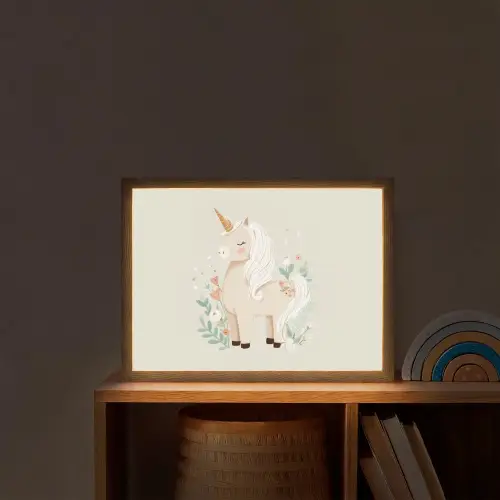 Eenhoorn - Bloemen - Beige Light Box met batterij (Wandlamp kind) middel -sfeer1_kind