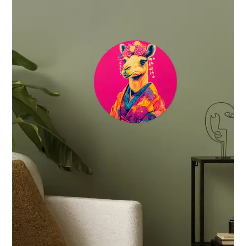 Kameel - Bloemen - Kimono - Waaiers Wandcirkel behangsticker klein -sfeer2