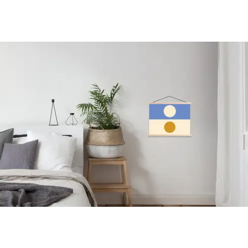 Cirkels - Symmetrisch - Wit - Blauw- Geel textielposter latten blank klein -woonkamer