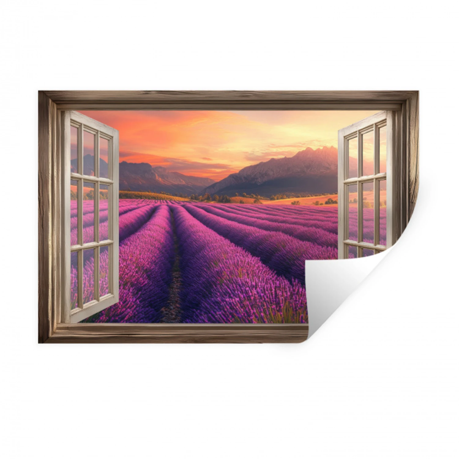 Doorkijk - Lavendel - Landschap - Bloemen - Paars Muursticker klein -3d