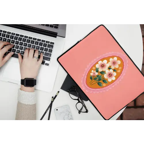 Illustratie - Bloemen - Rand - Roze laptophoes neopreen klein -bureau