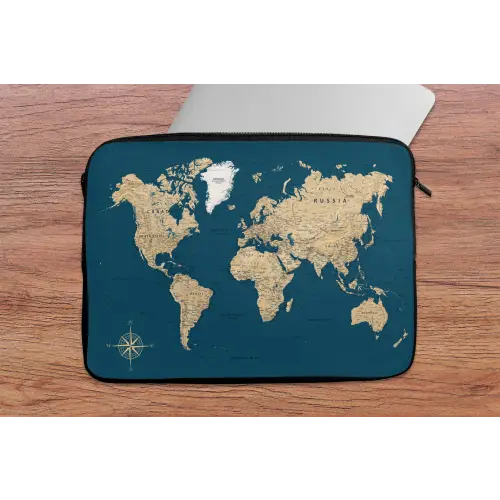 Wereldkaart - Donkerblauw - Beige laptophoes neopreen klein -tafel