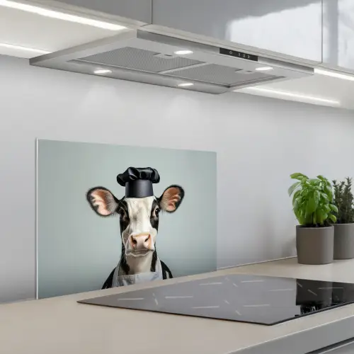 Koe - Zwart - Wit - Kok keuken achterwand spatscherm klein -3d_schuin