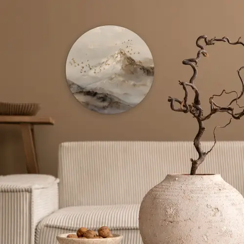 Berglandschap - Mist  - Penseelstreken Wandcirkel kunststof plaat 5mm dik klein -sfeer1