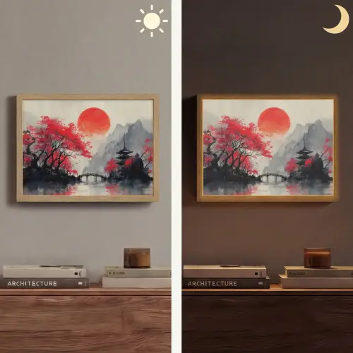 Rode zon - Rivier - brug - Bomen Light Box met batterij (Wandlamp) middel -sfeer3