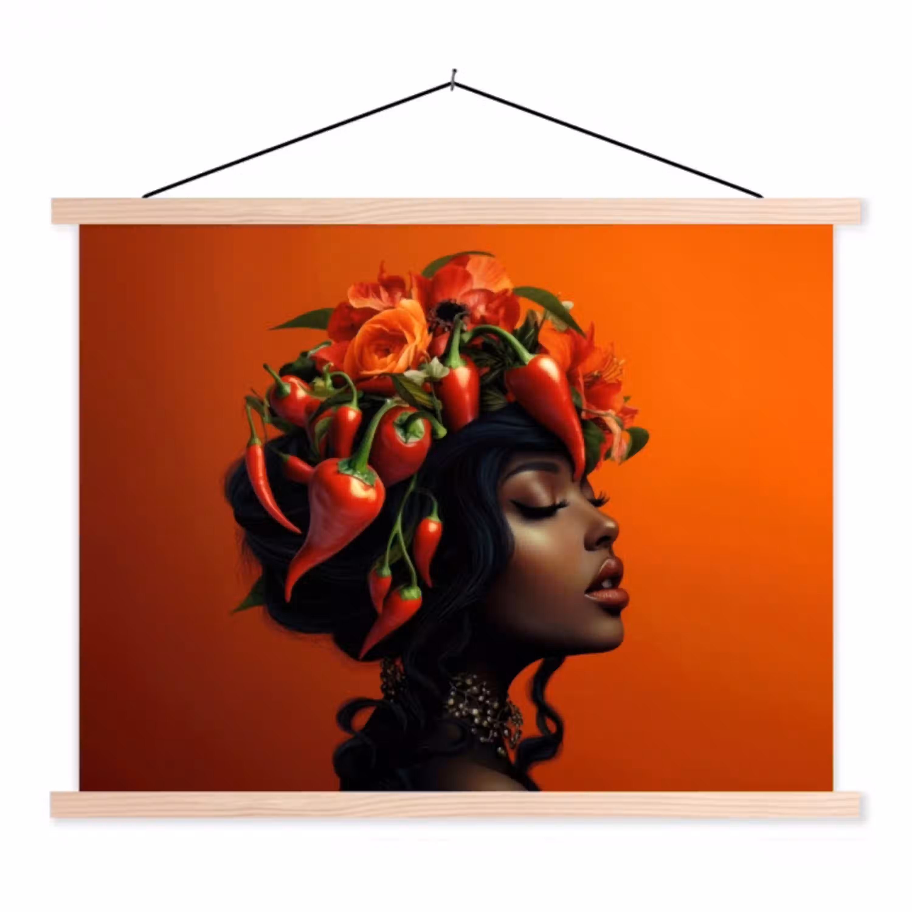 Vrouw - Chilipepers - Pepers - Bloemen textielposter latten blank klein -3d