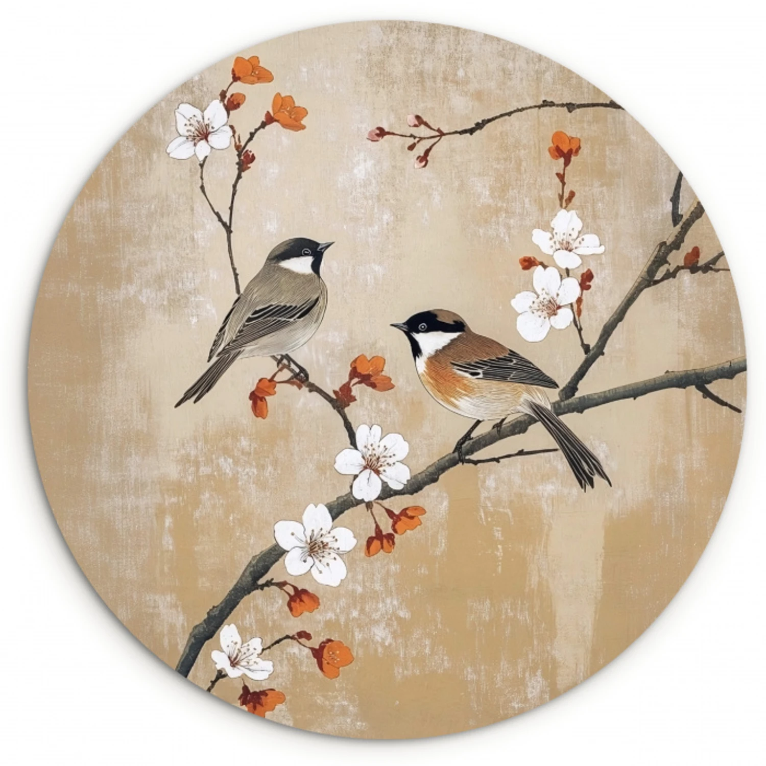 Vogels - Bloesemtak - Bloemen - Oranje Wandcirkel kunststof plaat 5mm dik klein -3d