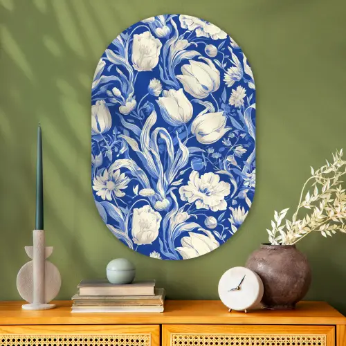 Bloemen - Delfts Blauw - Patroon - Tulp Wandcirkel Ovaal Glas middel -sfeer2