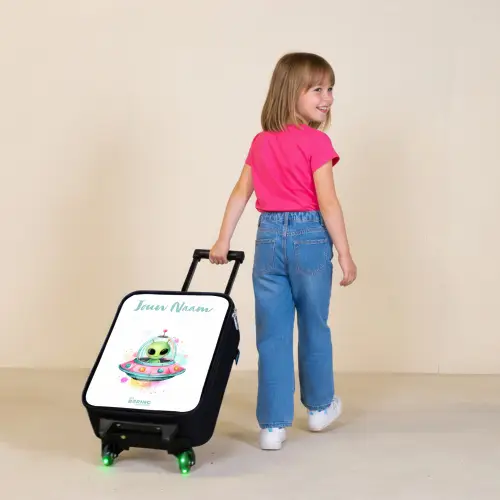 Groene alien in kleurrijke UFO Kinderkoffer - Zwart klein -sfeer1