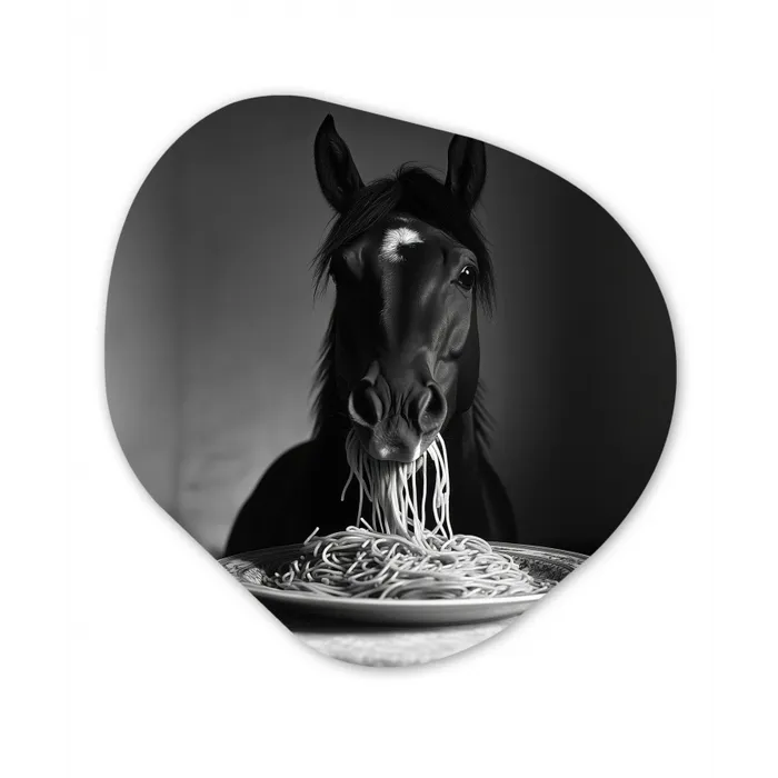 Paard - Bord - Pasta - Tafelkleed - Zwart Wit - Dieren Wandcirkel Organisch Plexiglas middel -3d