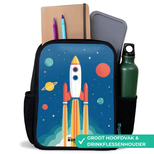 Raket - Planeet - Sterren - Veelkleurig Rugzak - Zwart middel -inhoud_NL