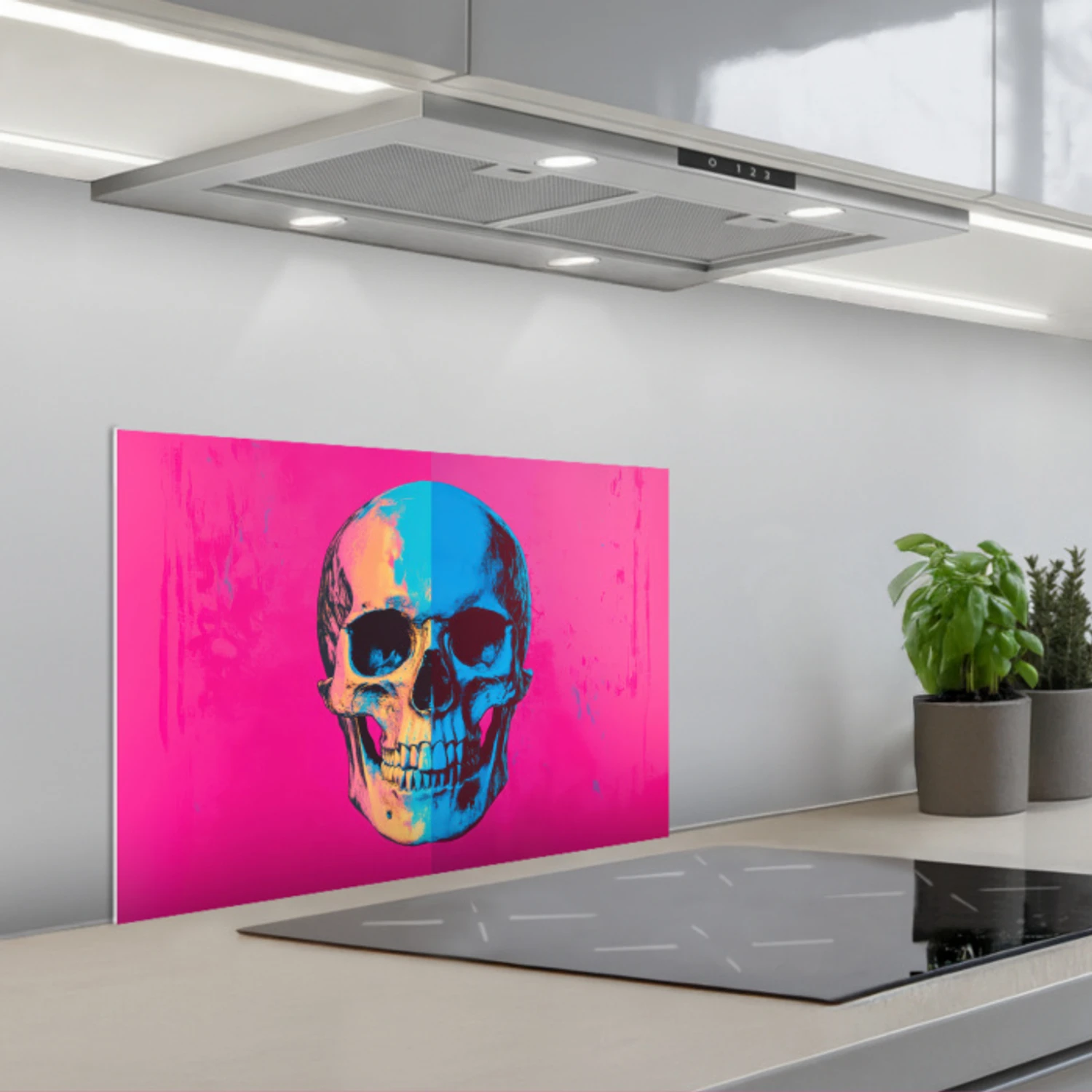 Kitchen splashback for hob - Neon - Blue - Pop-art - Skull ...