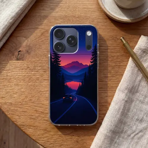 Auto - Donkere dennenbomen - Zonsondergang Telefoonhoesje iPhone 17 Pro klein -sfeer1