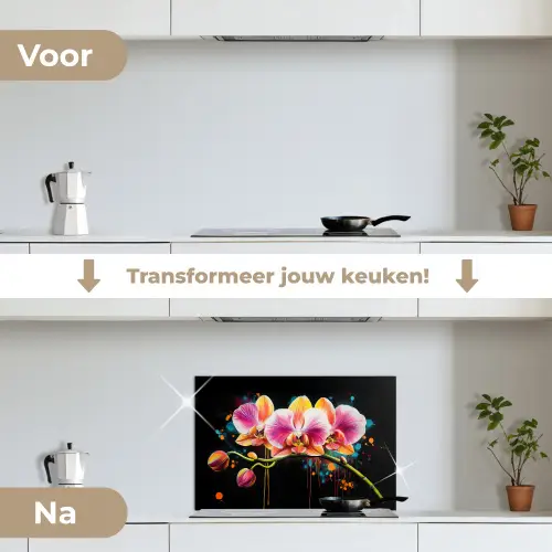 Orchidee - Graffiti - Kleurrijk - Bloemen - Abstract keuken achterwand spatscherm klein -voor_na_NL