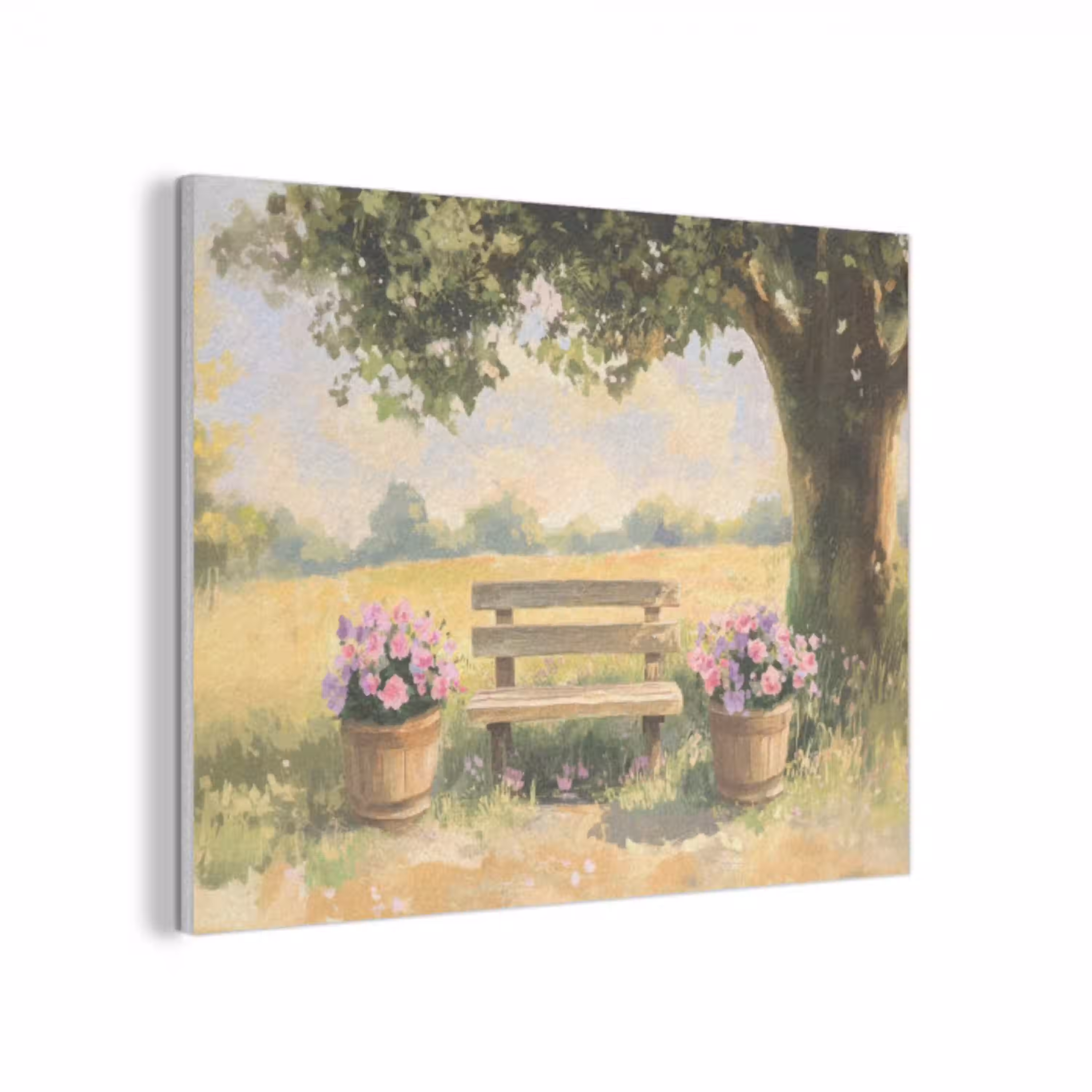 Houten bankje - Bloempotten - Landschap PET vilt klein -3d