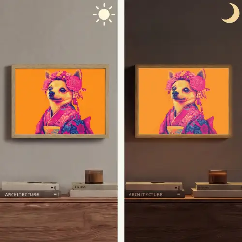 Kimono - Hondje - Bloemenkroon - Oranje Light Box met batterij (Wandlamp) middel -sfeer3