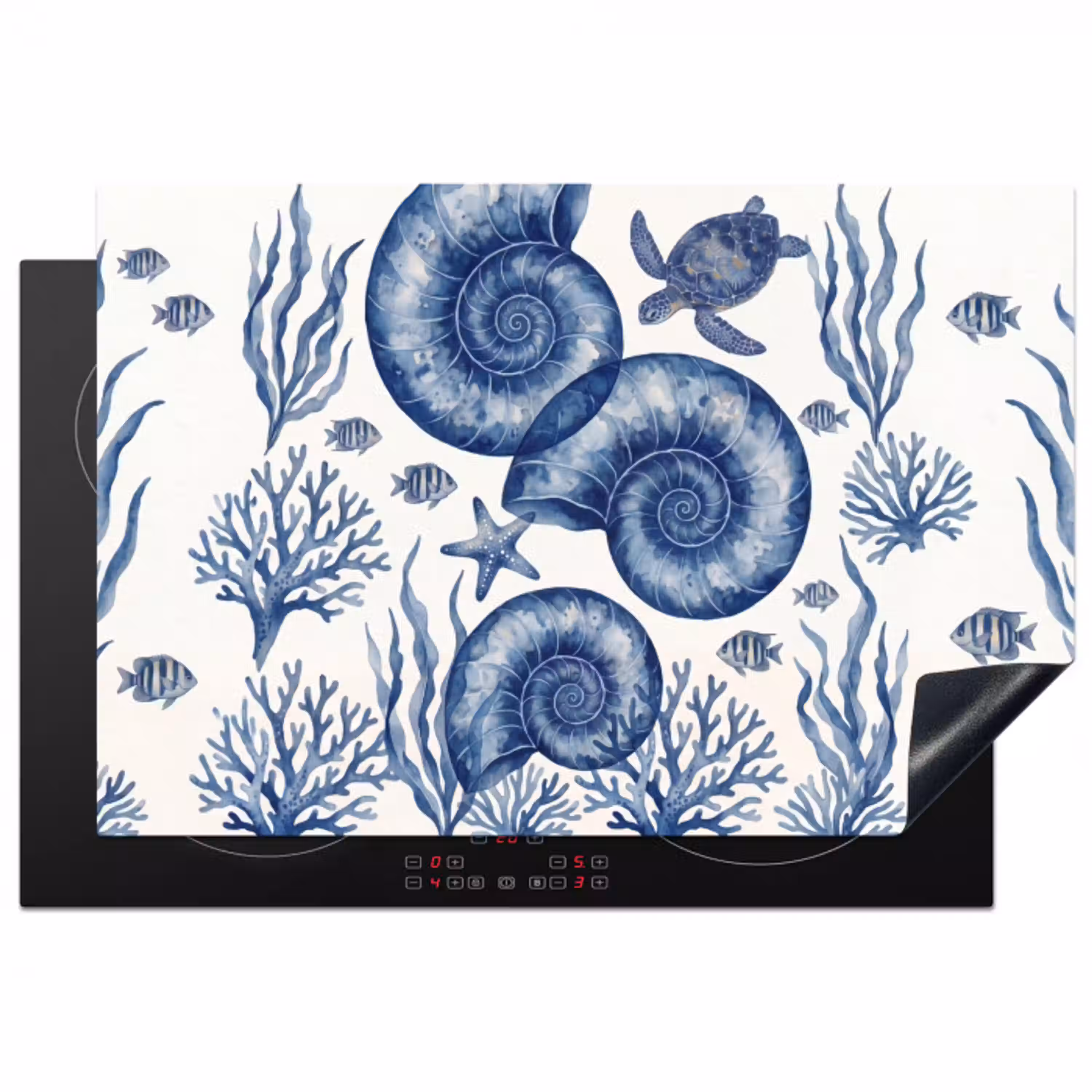Schelp - Spiraal - Zeeleven - Aquarel - Blauw Inductie beschermer vinyl 3mm klein -3d