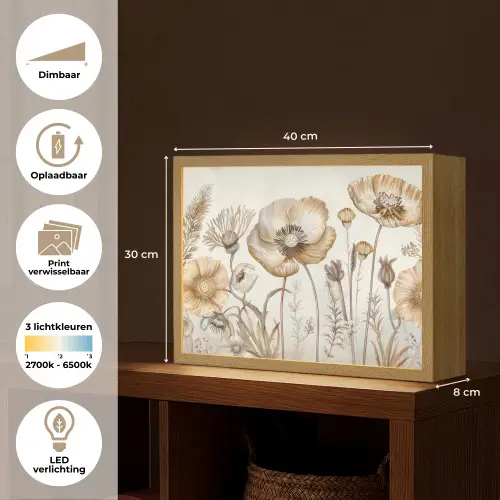 Bloemen - Beige - Natuur - Illustratie Light Box met batterij (Wandlamp) middel -USP_websiteoverzichtNL