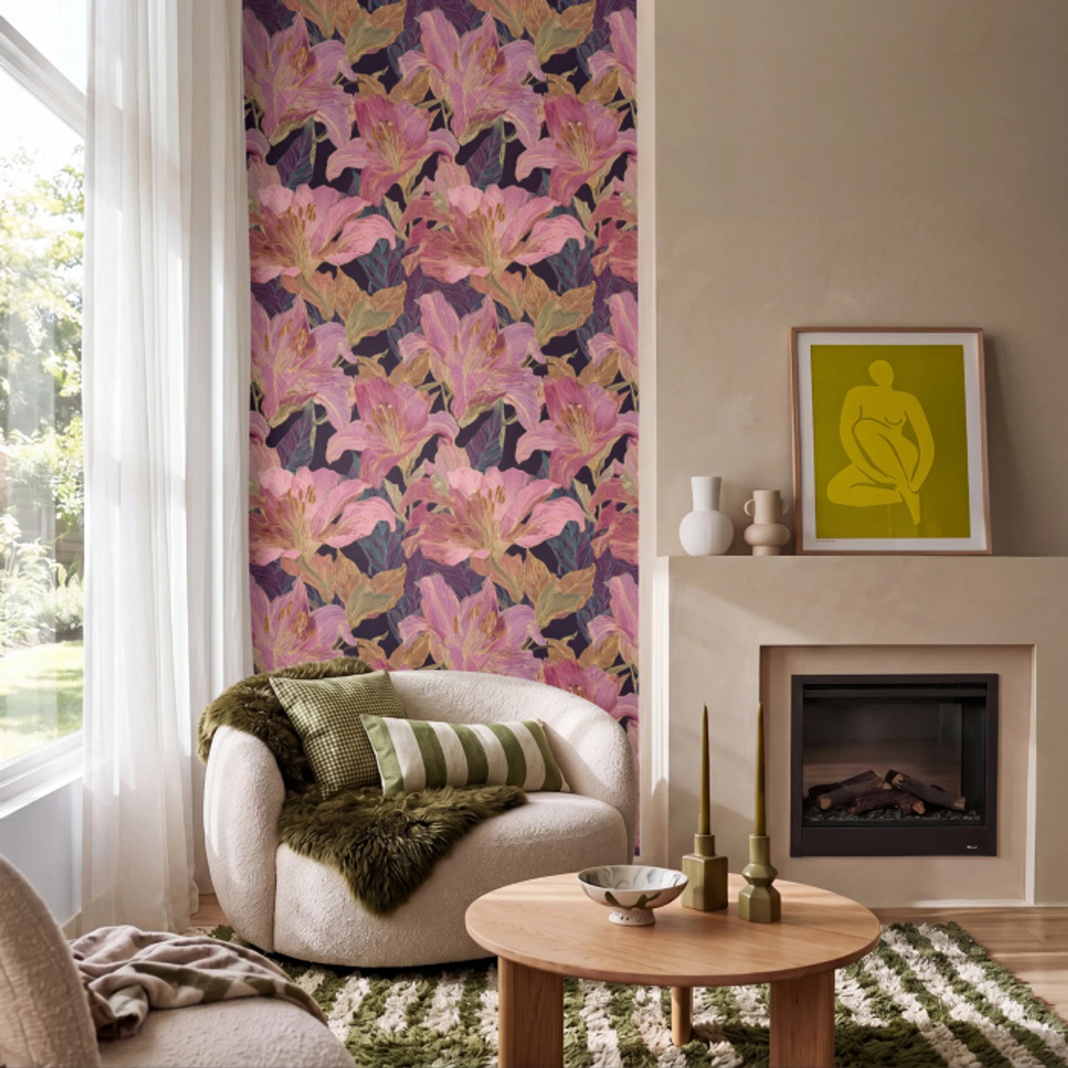 Lelies - Patroon - Roze - Goud Behang Vinyl klein 1060 -sfeer2