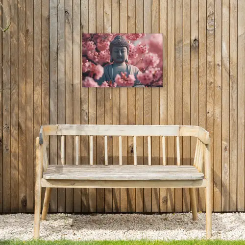 Boeddha tussen de kersenbloesems Tuinposter op houten frame 2 cm dik klein -sfeer4