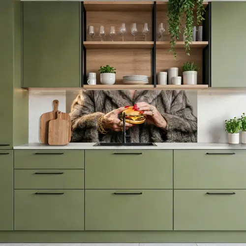 Vrouw - Hamburger - Bontjas keuken achterwand 2 middel -sfeer3