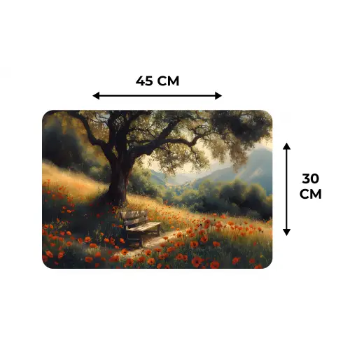 Bankje - Boom - Klaprozen - Heuvels Placemat vinyl groot -specs