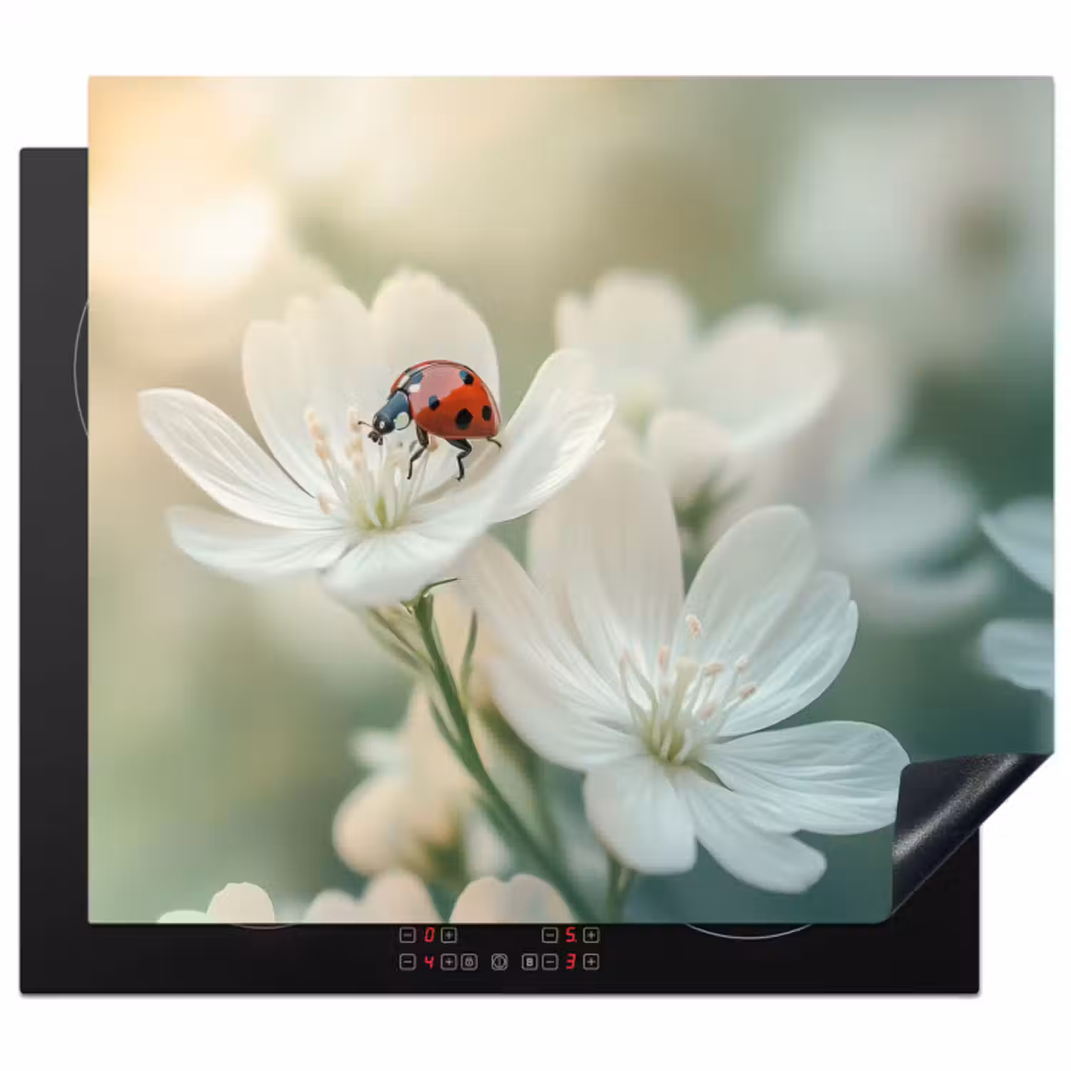 Inductie beschermer - Lieveheersbeestje - Bloemen - Wit