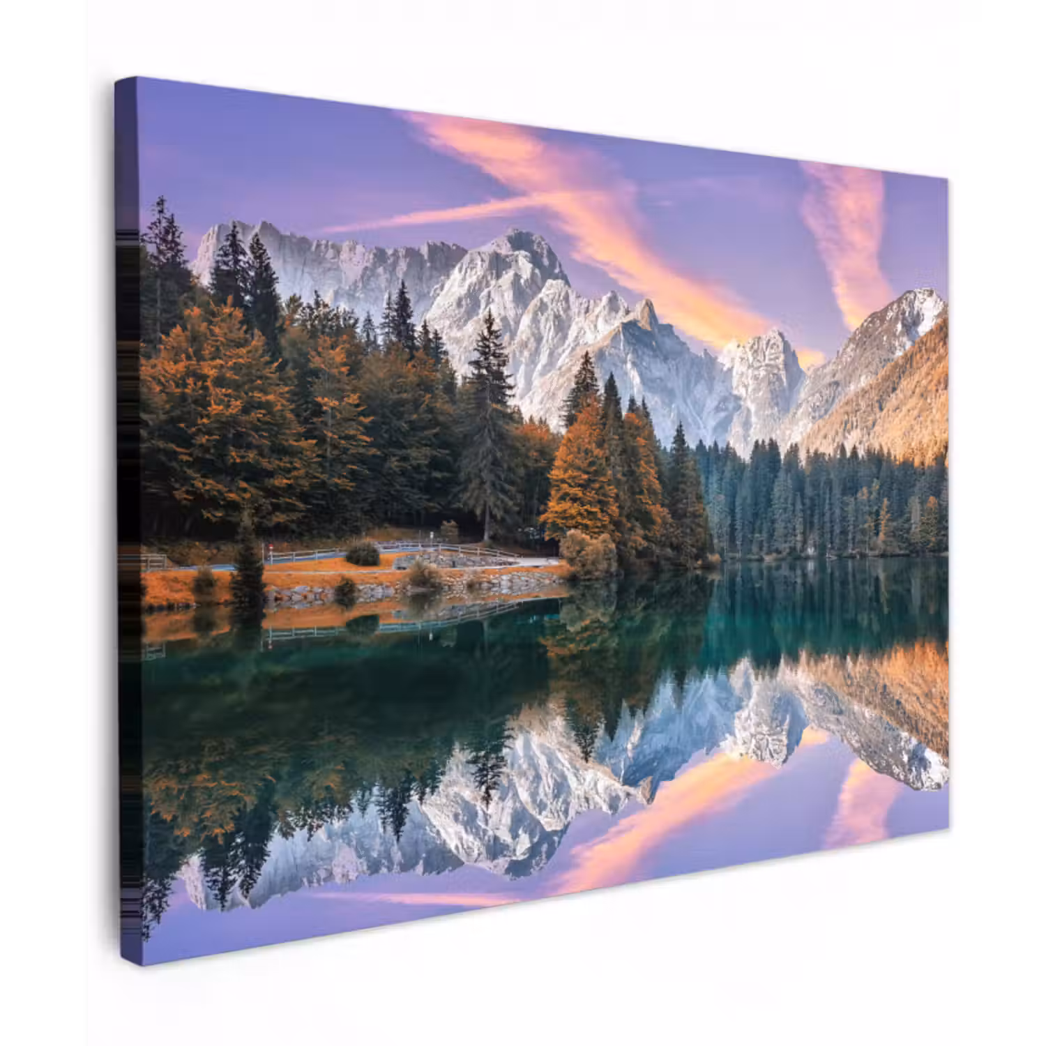 Leinwandbild - Berg - Wald - Wasser - Himmel - Rosa - Lila