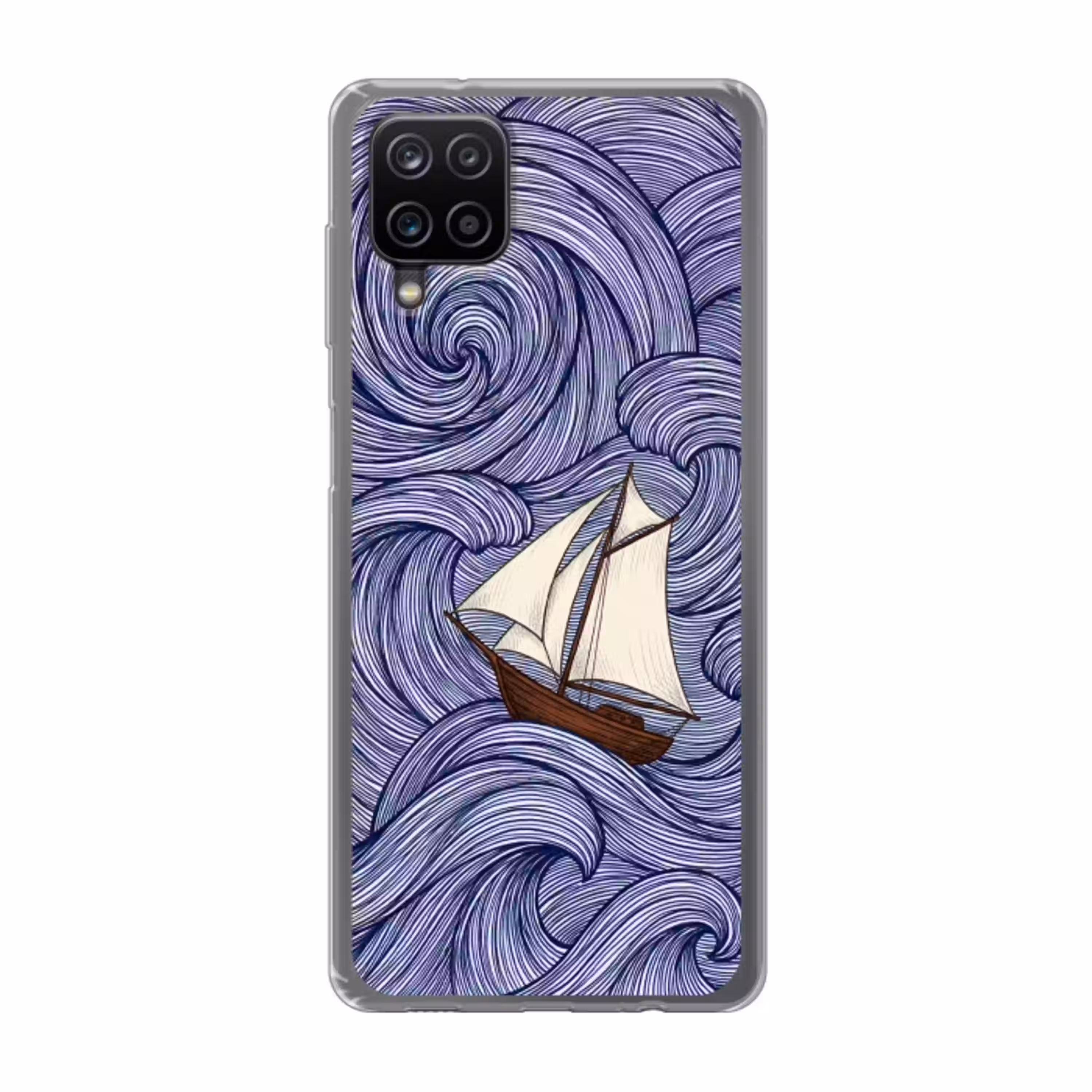 Schip - Golven - Zee - Illustratie - Blauw Telefoonhoesje Samsung Galaxy A12 klein -3d