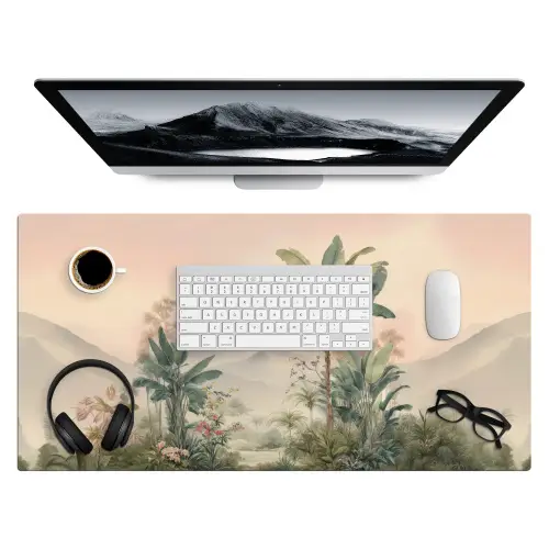 Tropisch landschap - palmbomen - Bloemen - Roze lucht Muismat XXL klein -3d