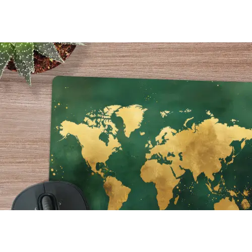 Wereldkaart - Groen - Goud muismat rubber klein -closeup