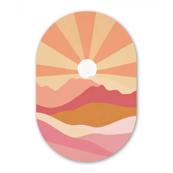 Bergen - Abstract - Zonnestralen - Roze Wandcirkel Ovaal Glas middel -3d