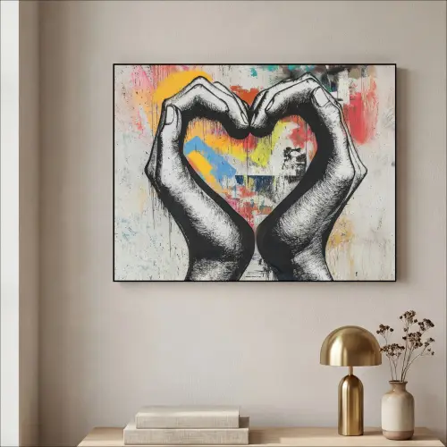 Handen - Hart - Street art - Graffiti Textielframe zwart klein -sfeer2
