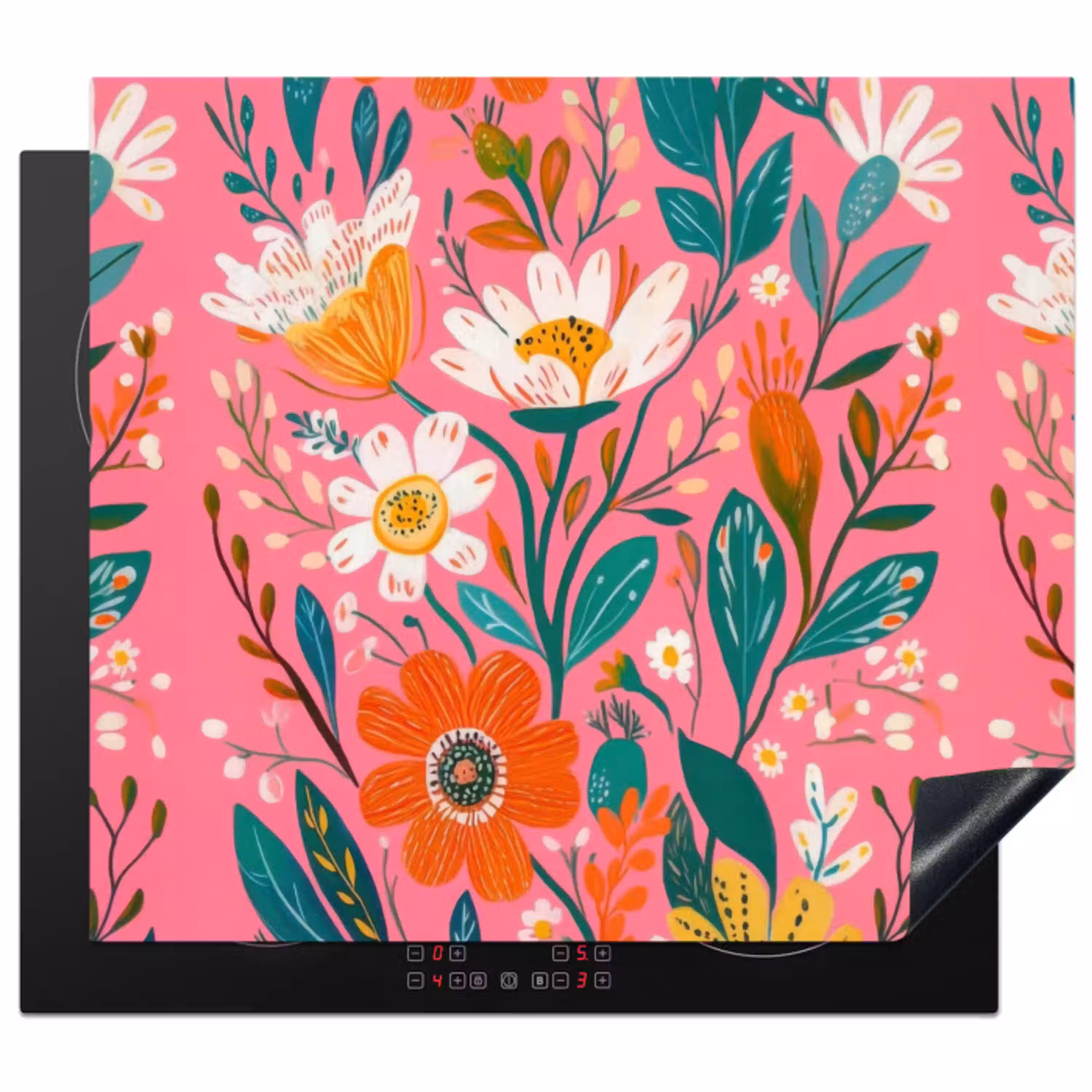 Roze - Bloemen - Wit - Oranje Inductie beschermer vinyl 3mm middel -3d