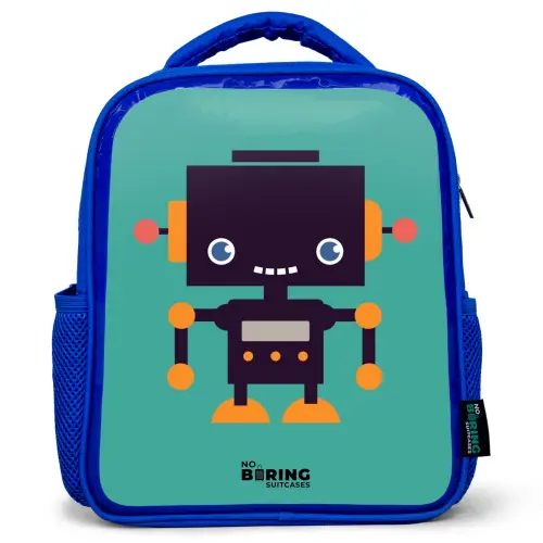 Zwarte robot met oranje accenten op een blauwe achtergrond Kinderrugzak - Blauw middel -3d