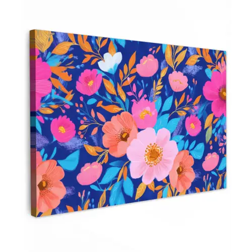 Bloemen - Blauw - Roze Tuinposter op houten frame 2 cm dik klein -3d