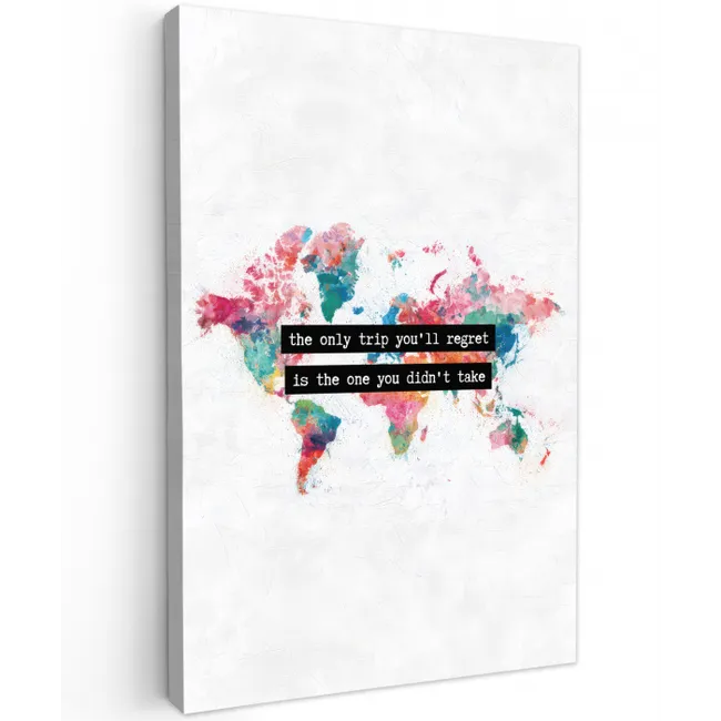 Wereldkaart - Kleurrijk - Tekst Tuinposter op houten frame 2 cm dik middel -3d