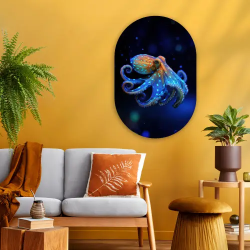 Octopus - Stippen - Blauw - Zee Wandcirkel Ovaal Glas middel -sfeer4