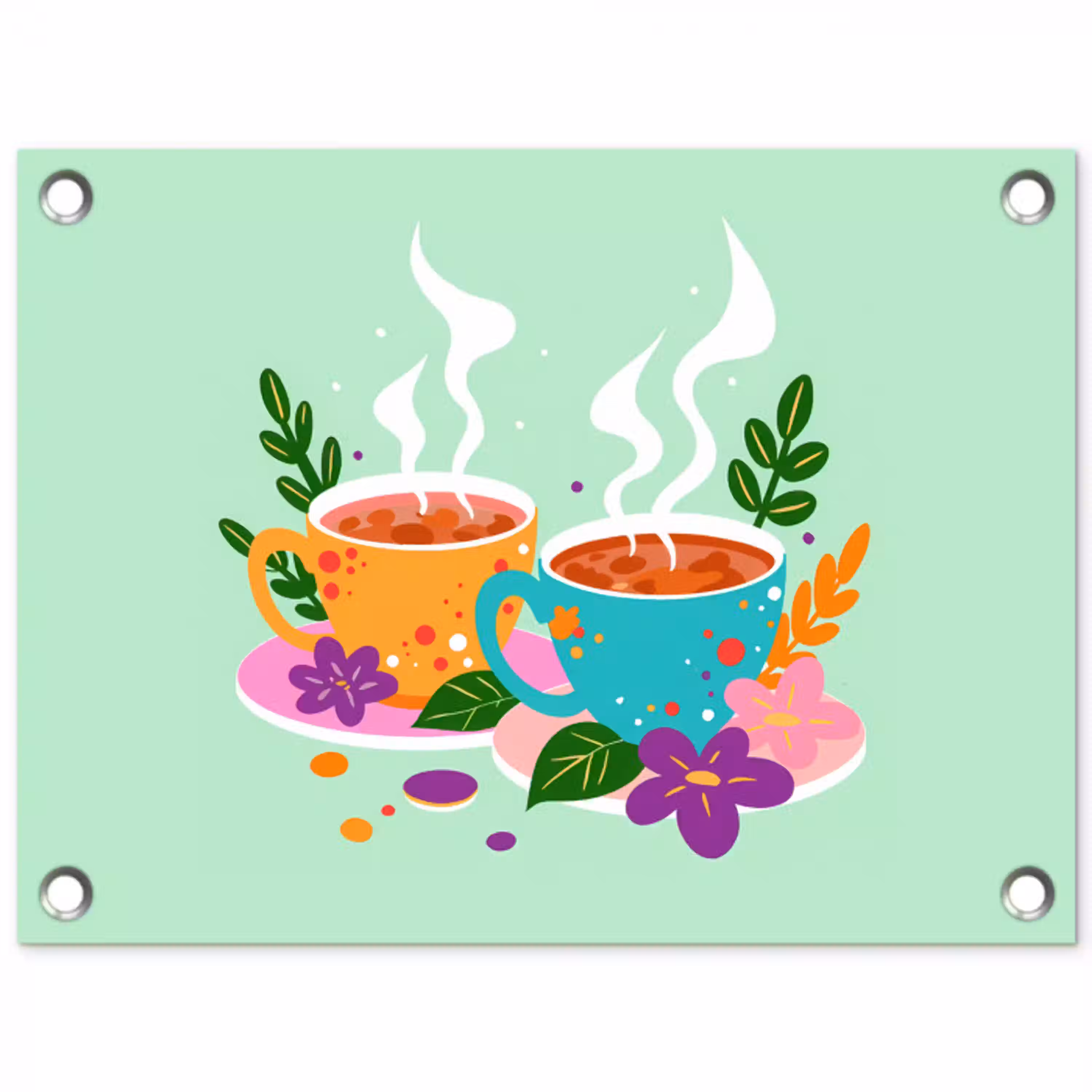Thee - Illustratie - Kopjes - Bloemen tuinposter los doek klein -3d
